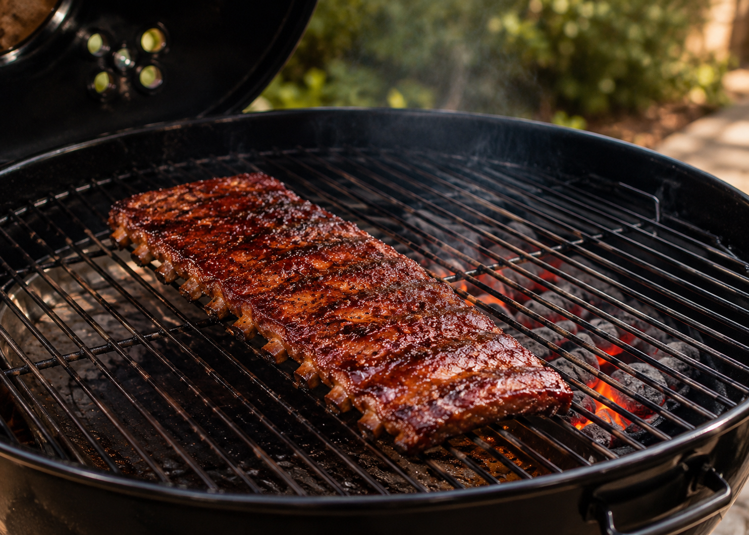 Żeberka BBQ z sosem na ruszty w dużym grillu ogrodowym zamykanym z pokrywą